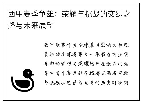 西甲赛季争雄：荣耀与挑战的交织之路与未来展望