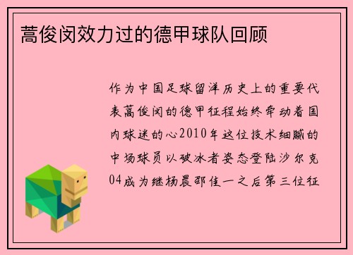 蒿俊闵效力过的德甲球队回顾