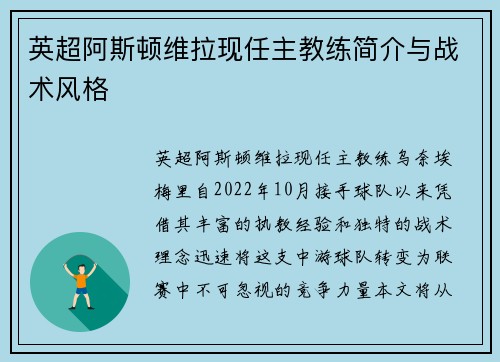 英超阿斯顿维拉现任主教练简介与战术风格
